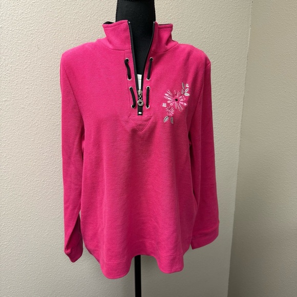 Allison Daley Pink Floral Embroidered Quarter Zip Pullover Petite Large - Picture 2 of 10